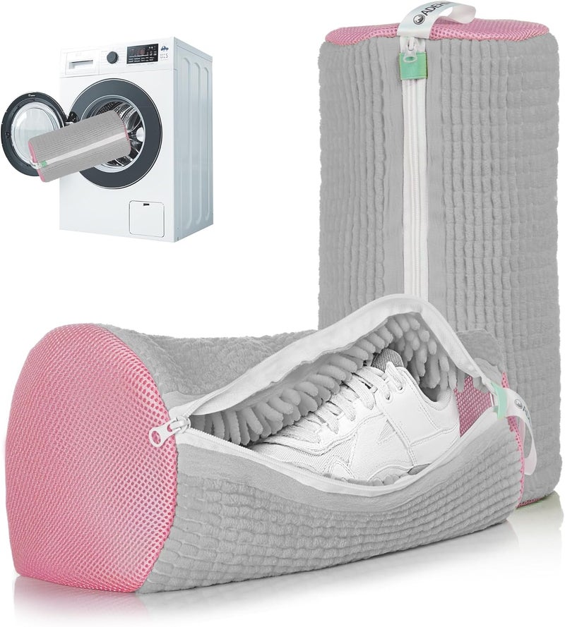 ADEHMDA 2Pcs Shoe Washing Machine Bag, Sneaker Laundry Bag for Washing Machine, Extra Long and Thick Microfibre Fluff, Reusable for Washer and Dryer (2pcs, Greyish Pink) - Image 1